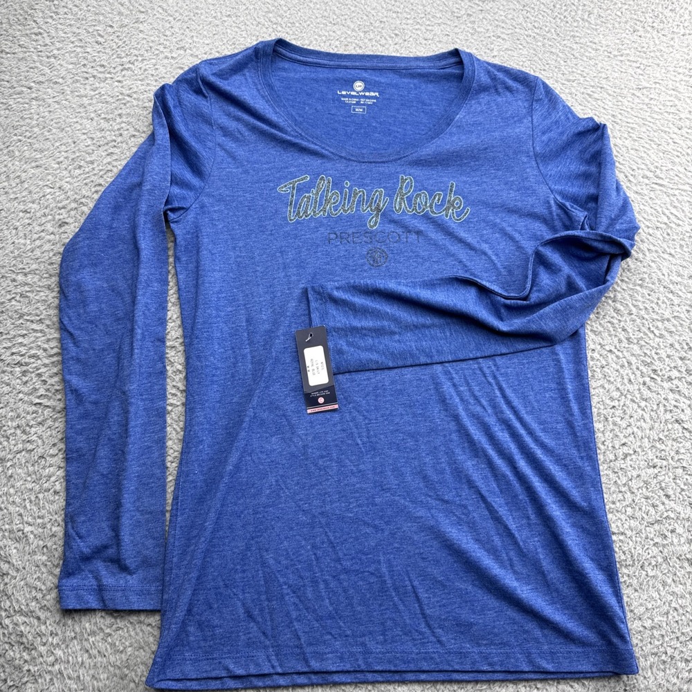 Levelwear T Shirt Womens Medium Blue Striped Glitter Talking Rock Thumb Holes